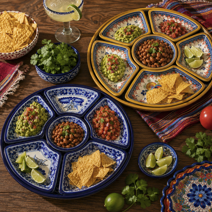 Handmade Talavera Party Plate Set – 7 Piece Mexican Ceramic Serving Platter with 6 Snack Plates & 12″ Tray