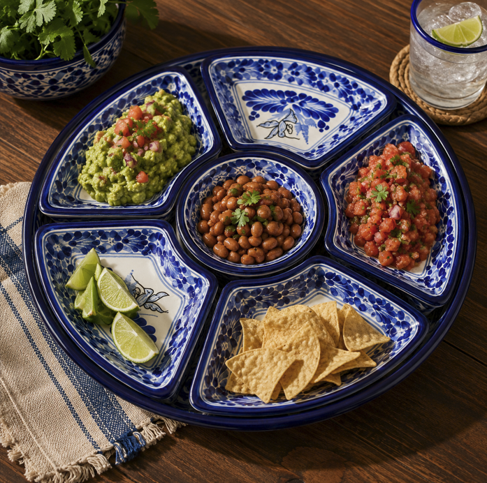 Handmade Talavera Party Plate Set – 7 Piece Mexican Ceramic Serving Platter with 6 Snack Plates & 12″ Tray