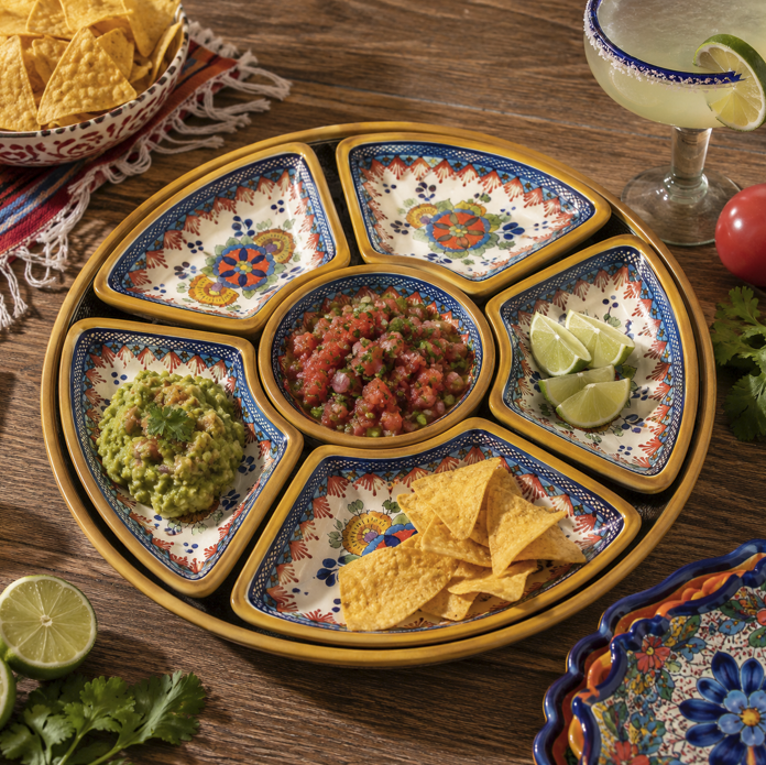 Handmade Talavera Party Plate Set – 7 Piece Mexican Ceramic Serving Platter with 6 Snack Plates & 12″ Tray