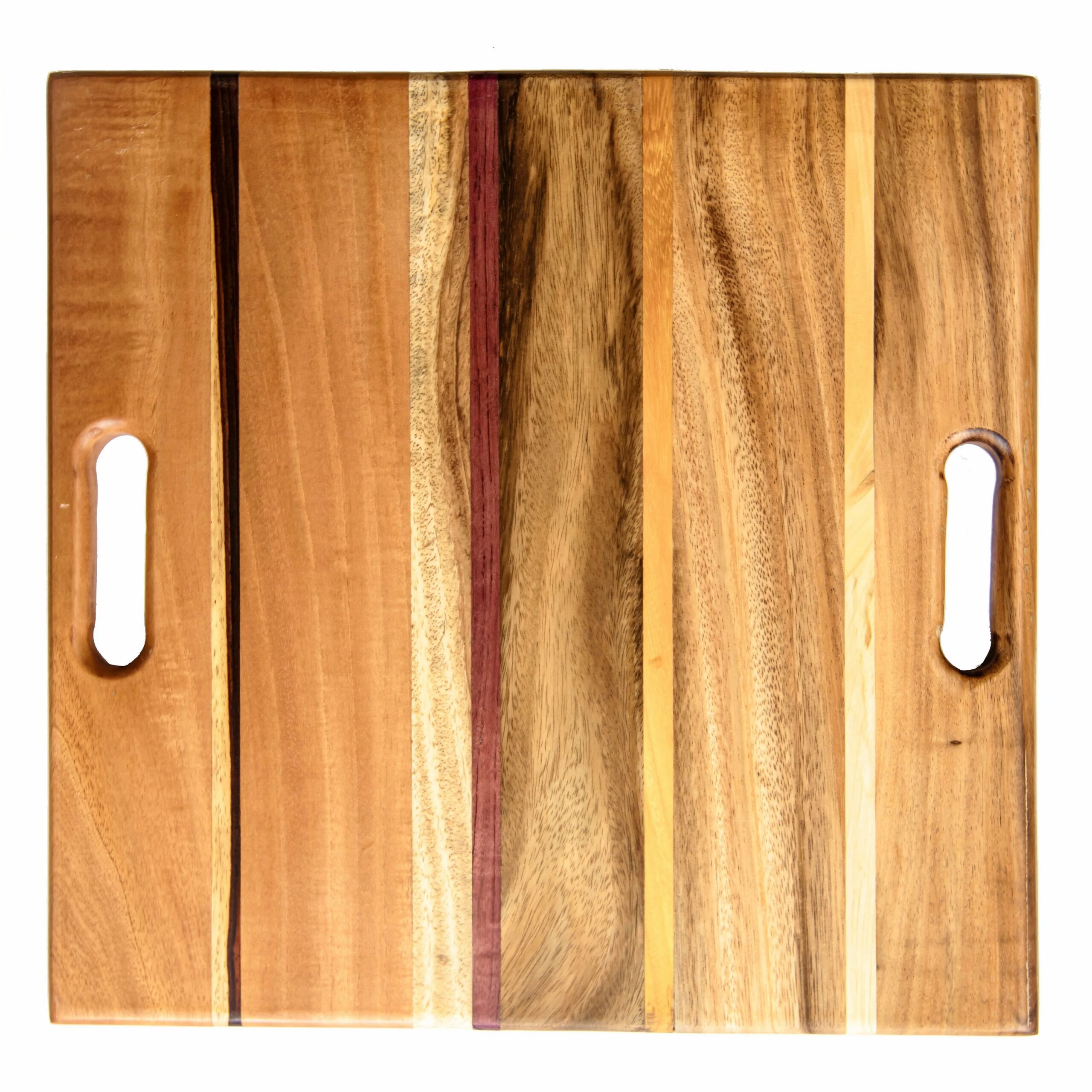 Exotic wood cutting board or charcuterie board 16″ x 17″ x 1″ (2 handles)