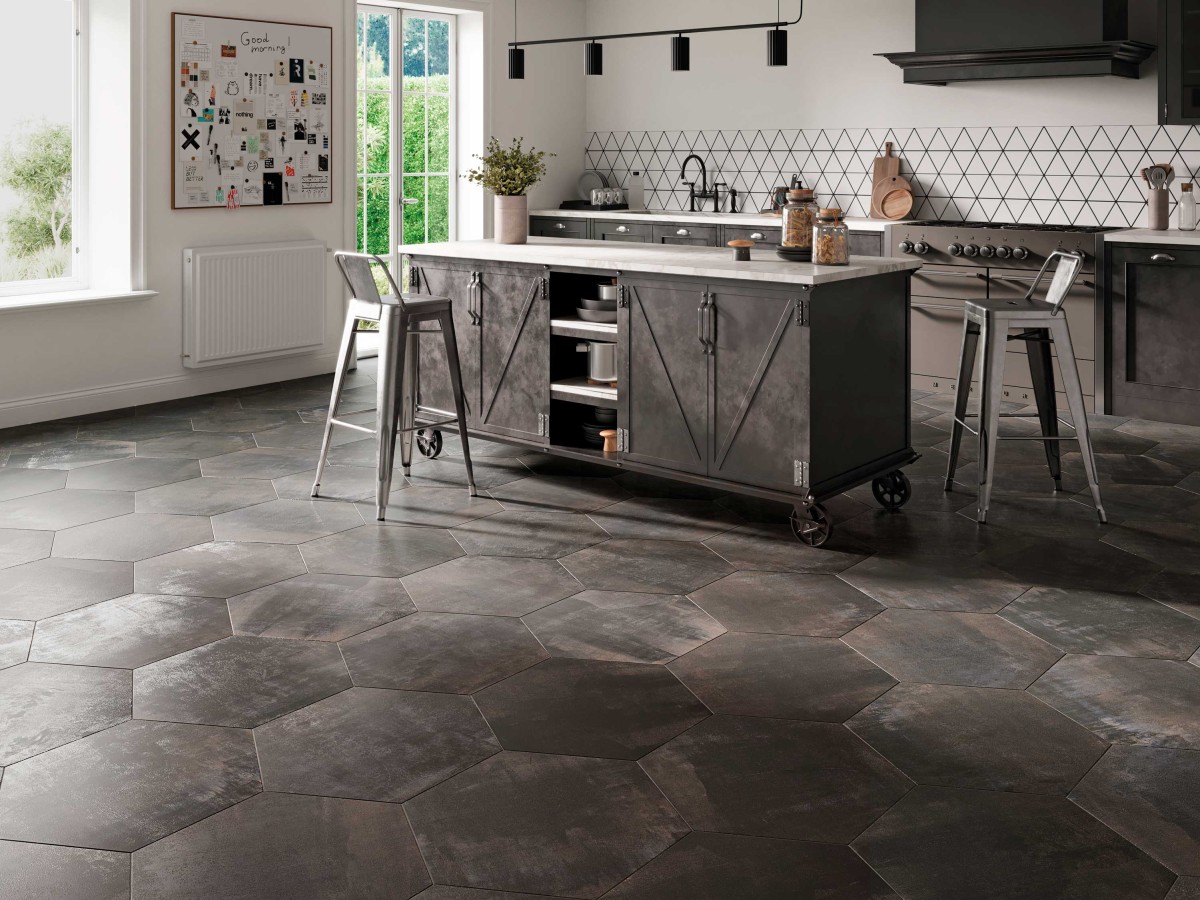 Vessel Black Porcelain metallic hexagon deco tile XL – 22×19