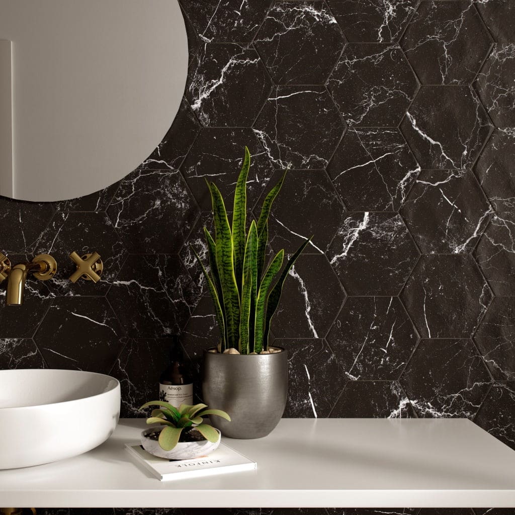 Dorset-Black-Hexagon-Marble-Effect-Tiles-Room-Setting