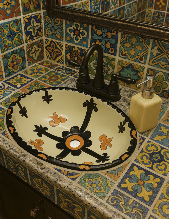 Traditional Mexican Talavera oval sink – Black and Yellow