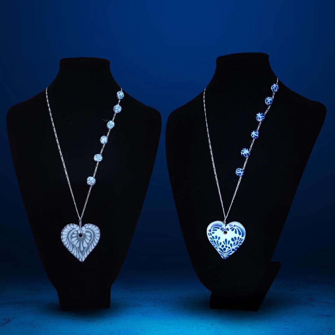 Handmade Mexican Talavera Heart Necklace – Silver Chain & Ceramic Beads