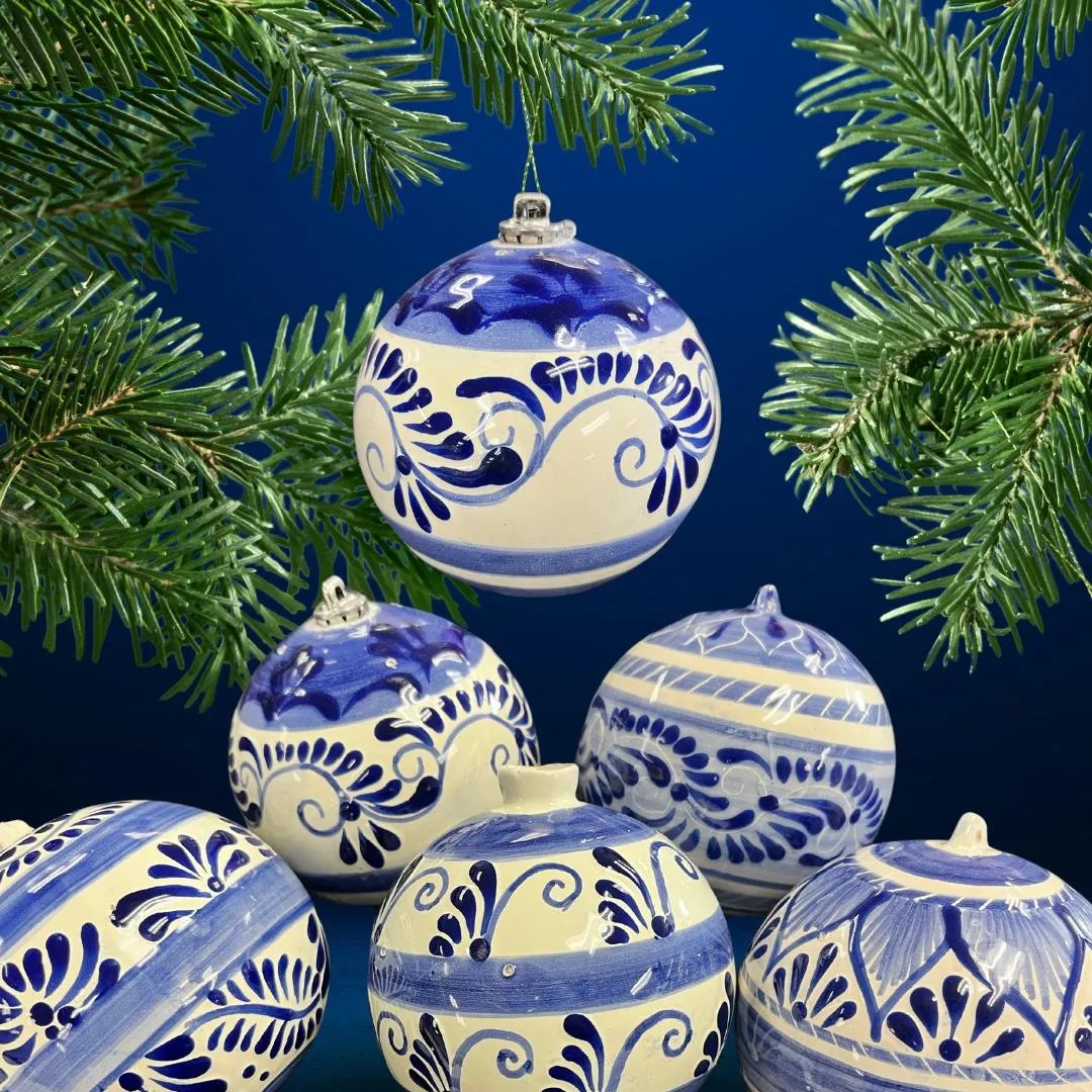 Handmade Traditional Blue Mexican Talavera-Tree Ornament