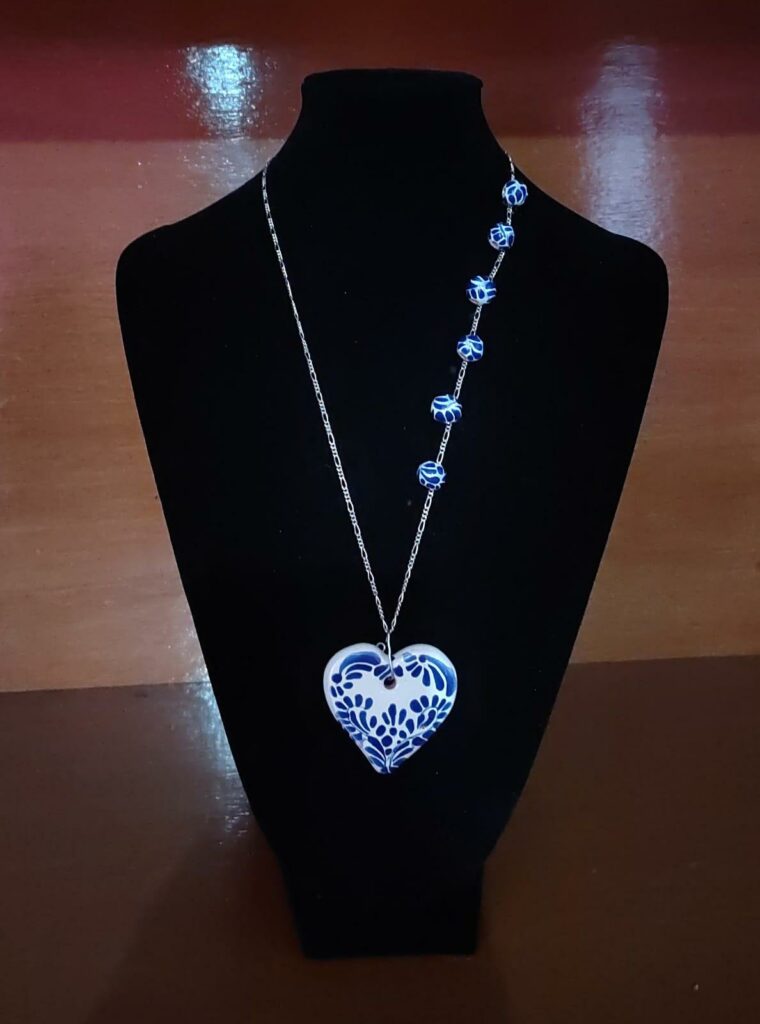 Handmade Mexican Talavera Heart Necklace – Silver Chain & Ceramic Beads