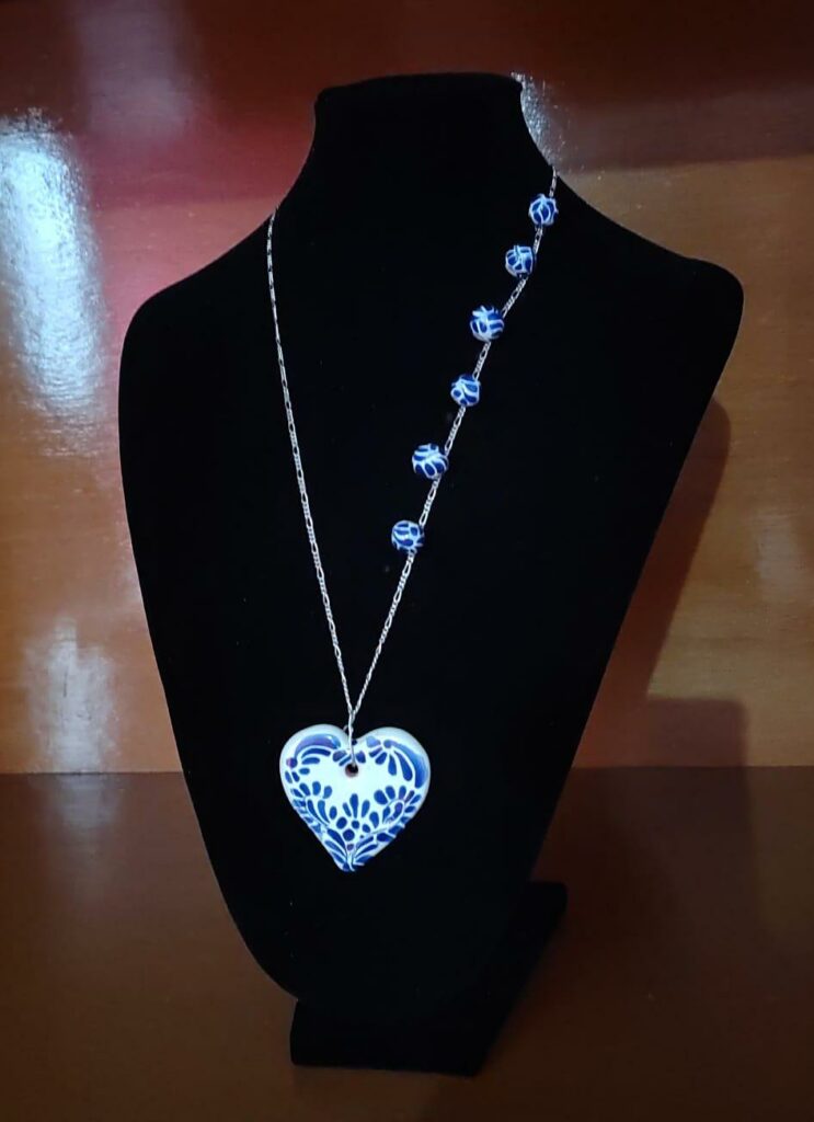 Handmade Mexican Talavera Heart Necklace – Silver Chain & Ceramic Beads