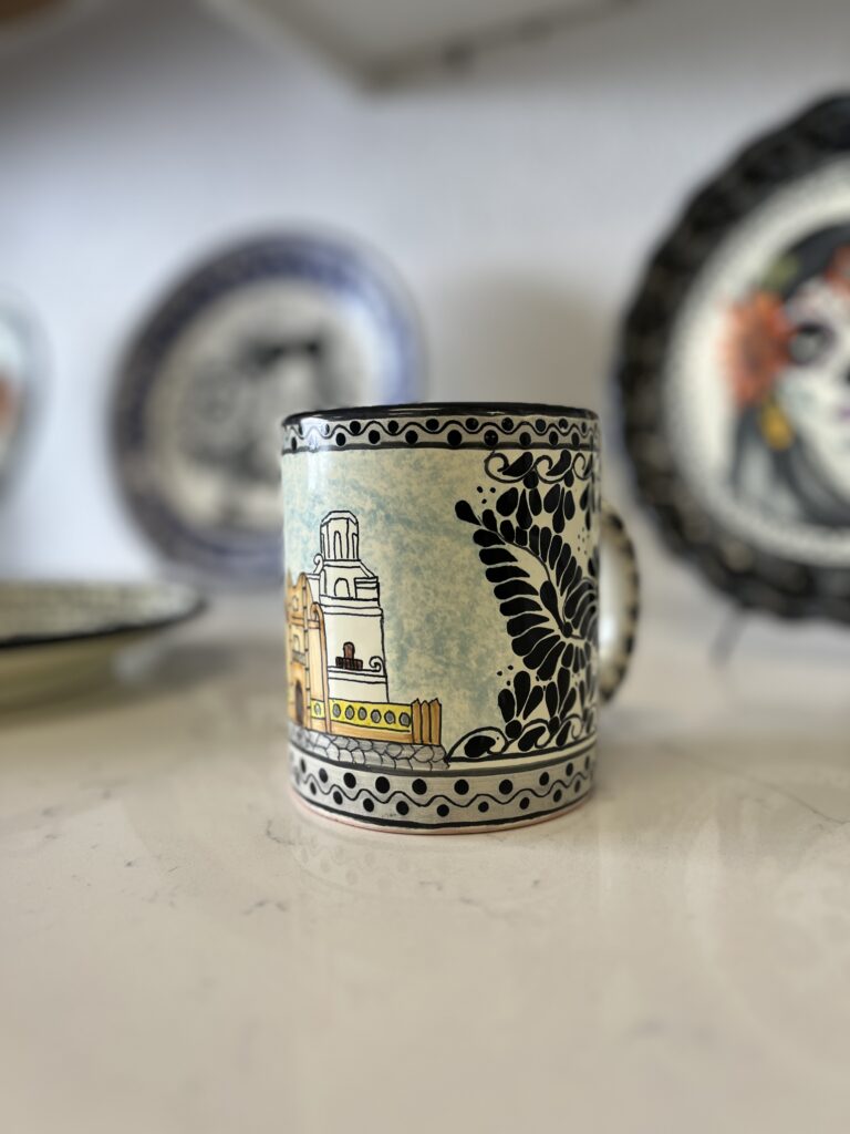 Hand-Painted Talavera Mug – Mission San Xavier del Bac Design