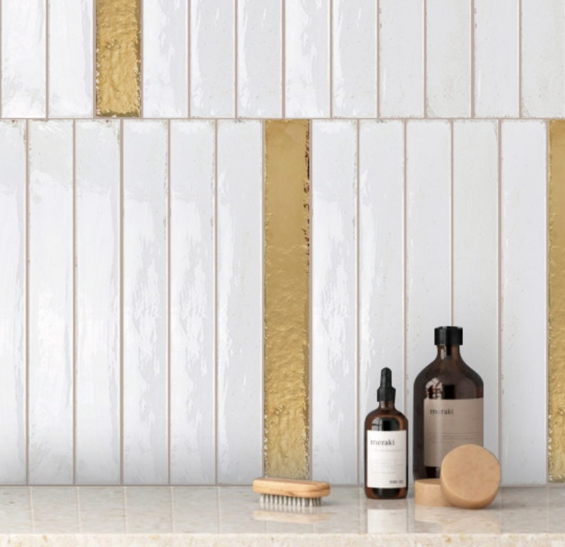 Marbella Metallic Porcelain Wall Tile 2″x16″ – Glossy Metal Effect (Silver & Gold)