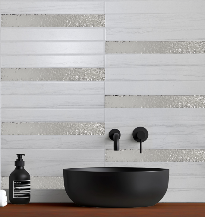 Marbella Metallic Porcelain Wall Tile 2″x16″ – Glossy Metal Effect (Silver & Gold)