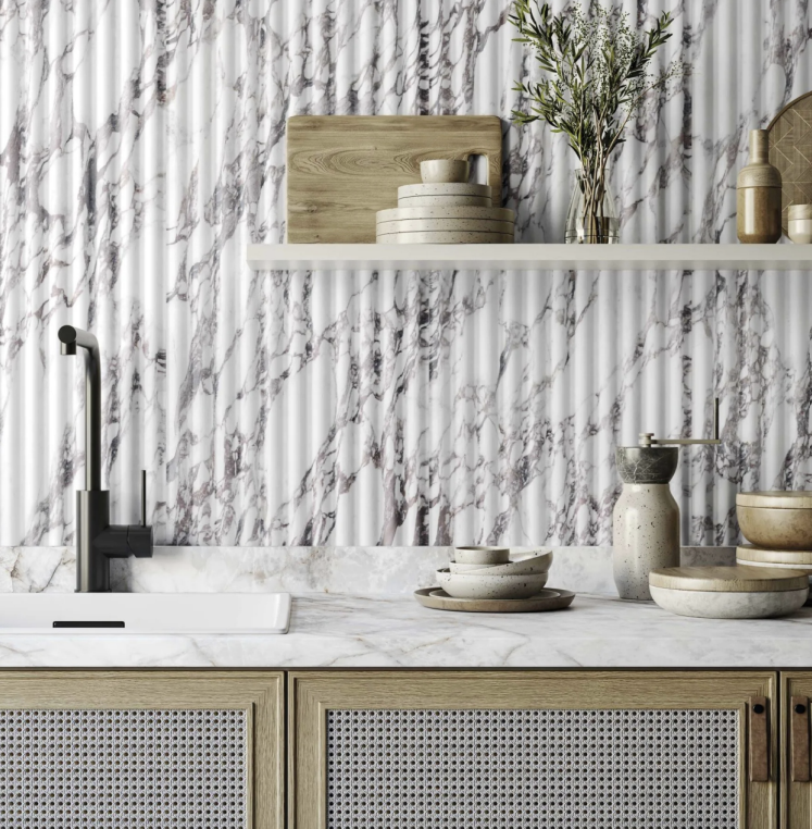 Fluted Calacatta Viola Porcelain Tile 16×48 – Satin Rectified Marble-Look Wall Tile Indoor/Outdoor