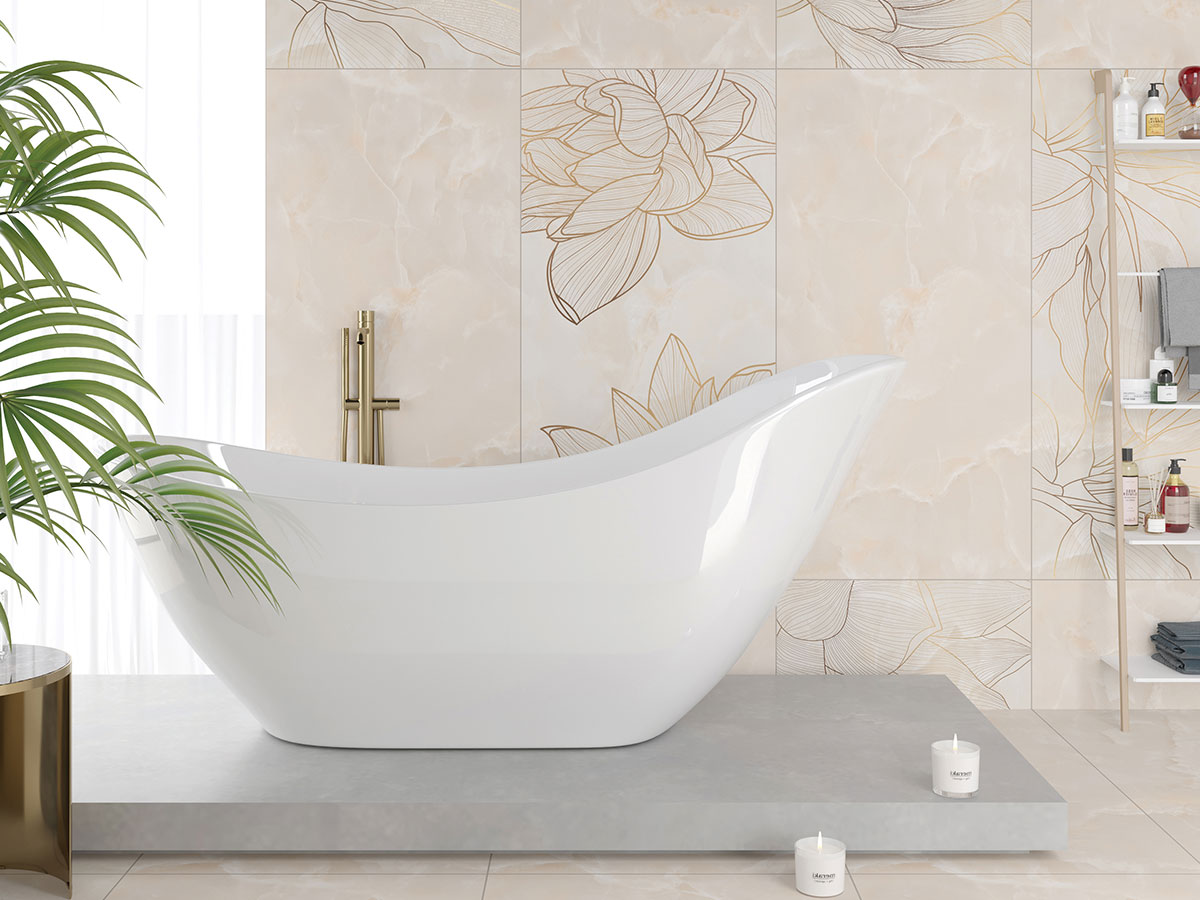 Rose Onyx Crema Decore Porcelain Wall Tile 24×48- Carved Finish