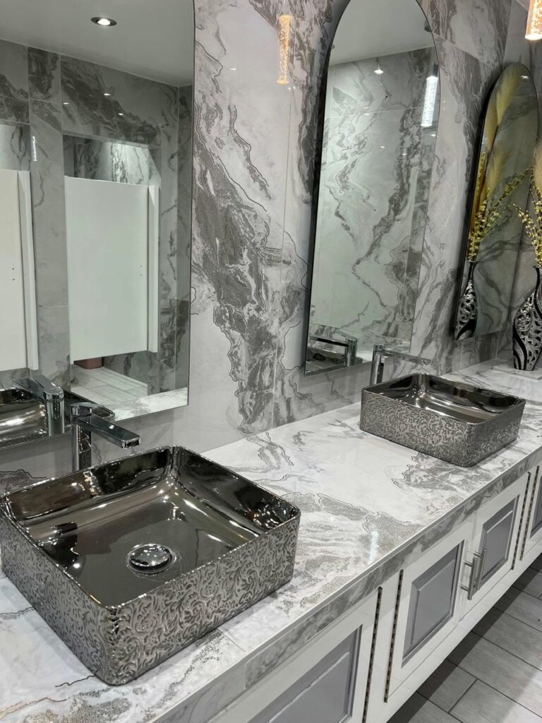 Colonial Light Grey SS 24″x 48″ Porcelain Tile | Metallic Inlay Gloss Carving Marble-Look Wall & Floor Tile