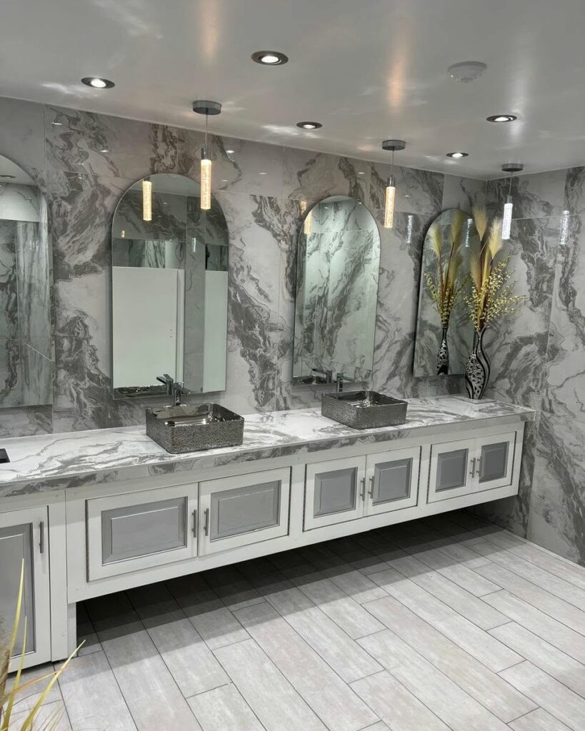 Colonial Light Grey SS 24″x 48″ Porcelain Tile | Metallic Inlay Gloss Carving Marble-Look Wall & Floor Tile