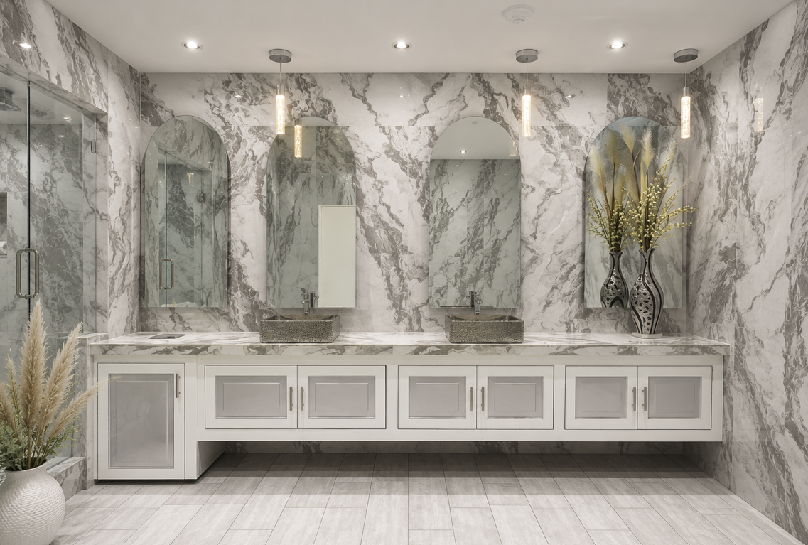 Colonial Light Grey SS 24″x 48″ Porcelain Tile | Metallic Inlay Gloss Carving Marble-Look Wall & Floor Tile